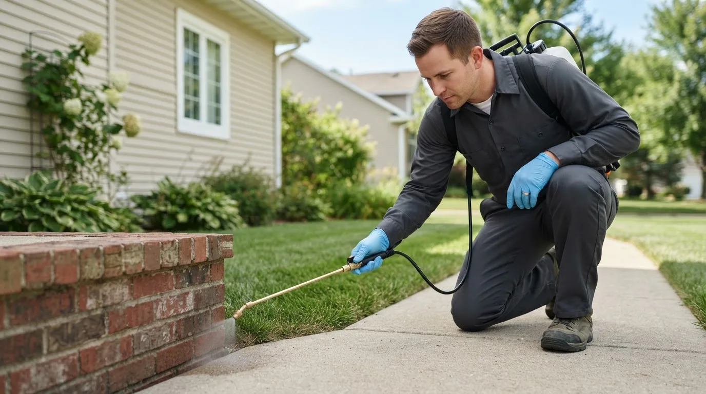 Pest control technician treating a home near West Islip, NY