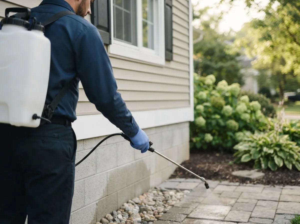 Pest control technician inspecting a home in West Islip, NY